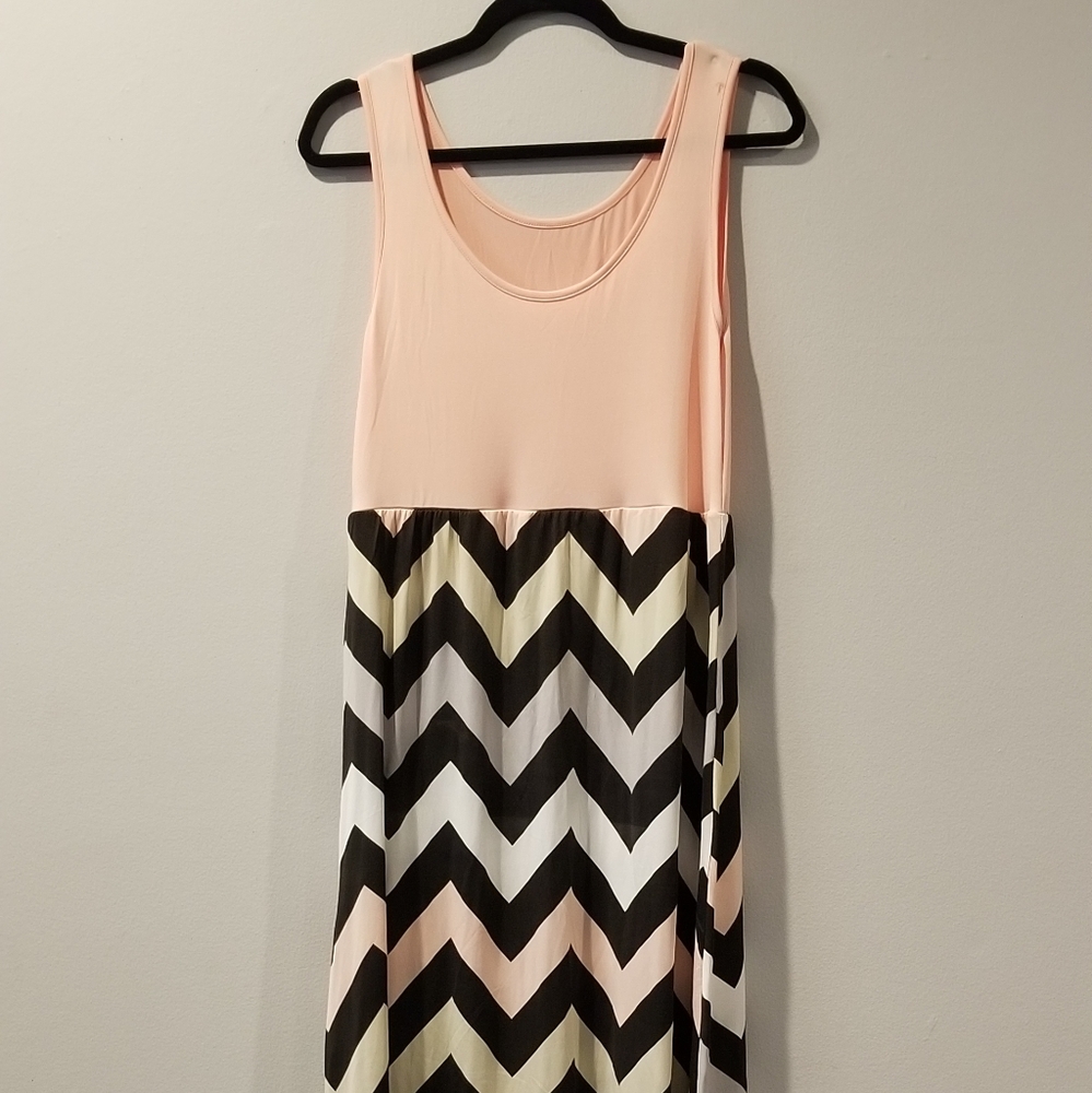 Pink, Tan, Black & White Chevron Maxi Dress -Large